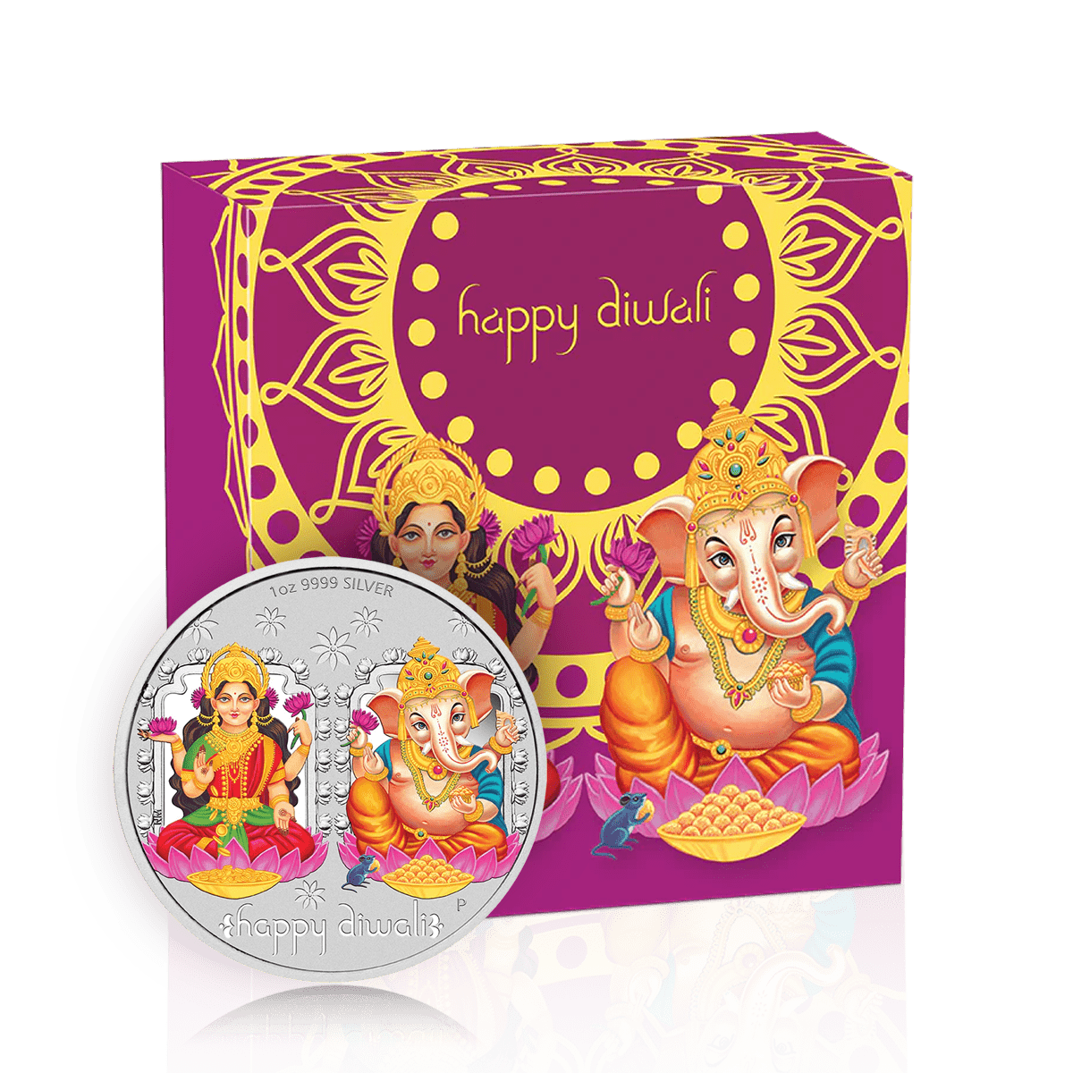1oz Silver Diwali Edition Coloured Lakshmi & Ganesh Box Set (2019)