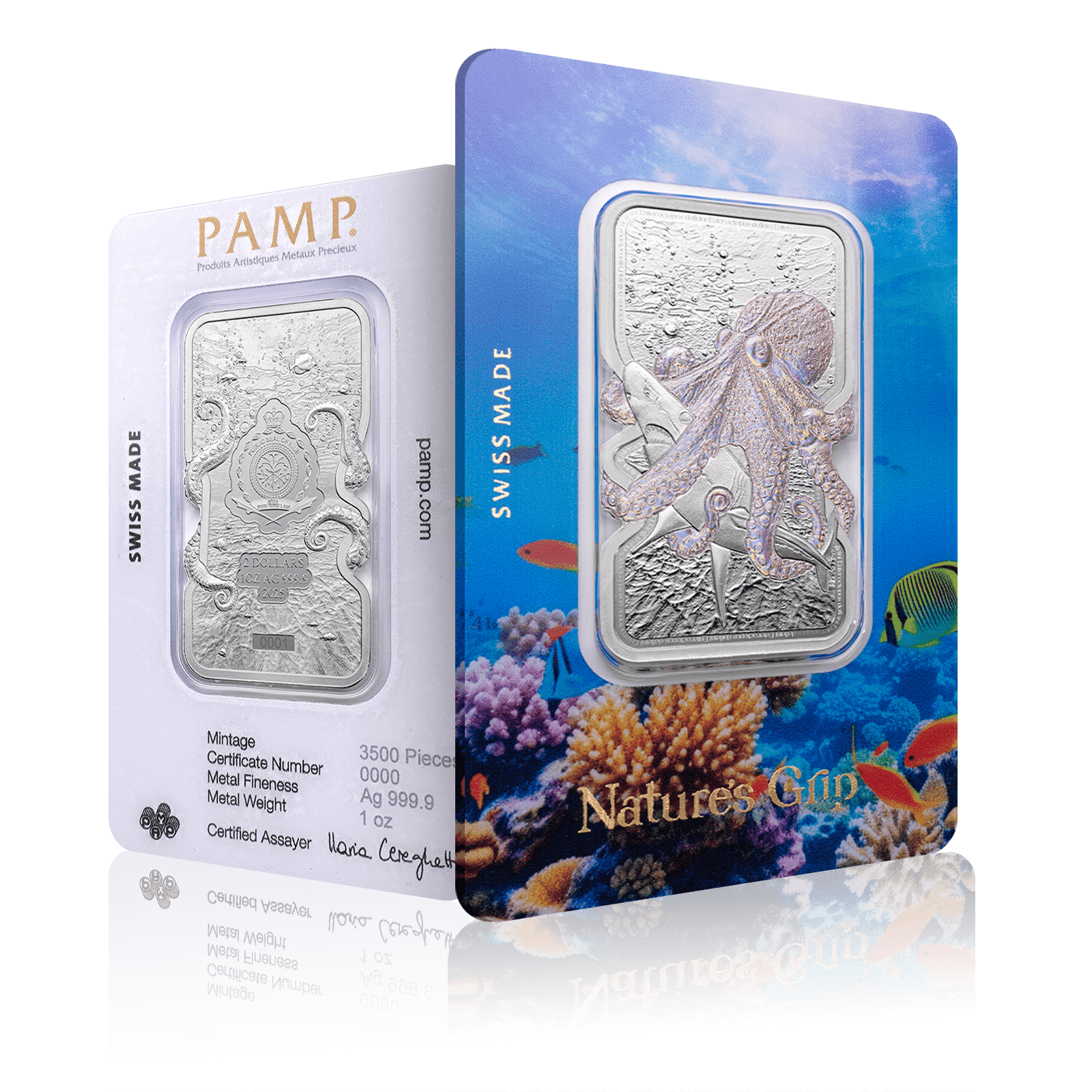 1oz PAMP Silver Nature's Grip Bar Pacific Octopus